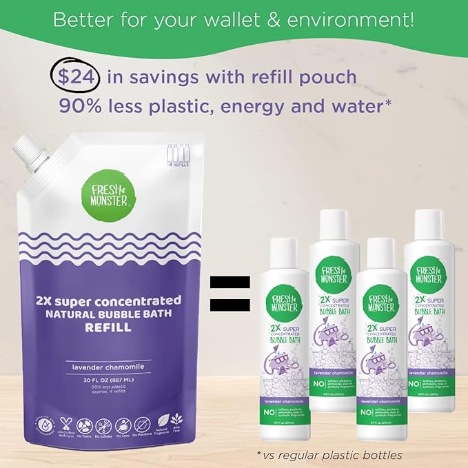Fresh Monster Kids Bubble Bath, 2X Super Concentrated Bubble Bath for Kids, Hypoallergenic, Calming Lavender (30oz Refill Pouch)