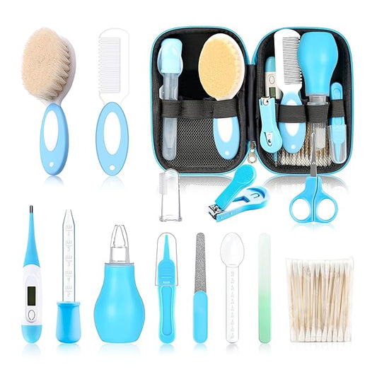 Baby Grooming Kit，Infant Safety Care Setwith Hair Brush Comb Nail Clipper Nasal Aspirator, Baby Essentials Kit for Newborn Girls Boys (14 PC-Blue Kit)