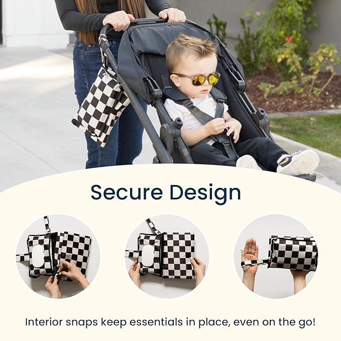 Tiny Twinkle Portable Diaper Changing Pad | Waterproof, Wipeable & Compact Baby Changing Pad for Travel | Smart Wipes Pocket & Organized Storage| Newborn Shower Gift (Black Checkers)