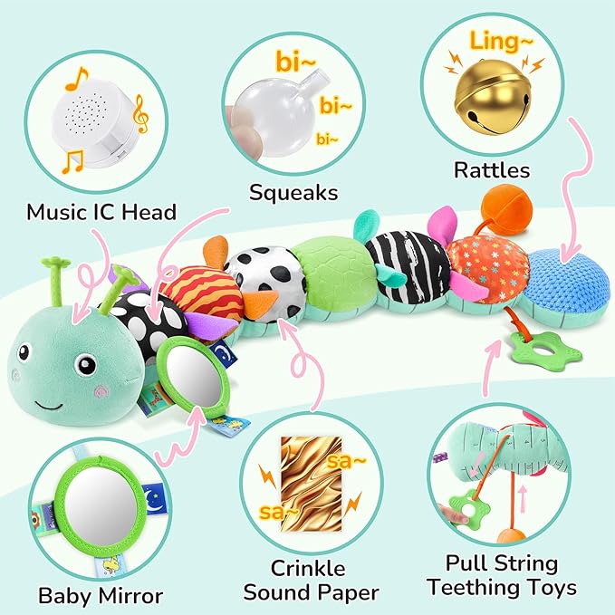AWOTOY Baby Toys 6-12 Months Music Caterpillar Infant Toys Stuffed Animals 0-3-6 Months Teething Tummy Time Sensory Toys with Mirror Rattle&Pull String for Boys Girls Birthday Gifts|Tiffany Blue,Leafy