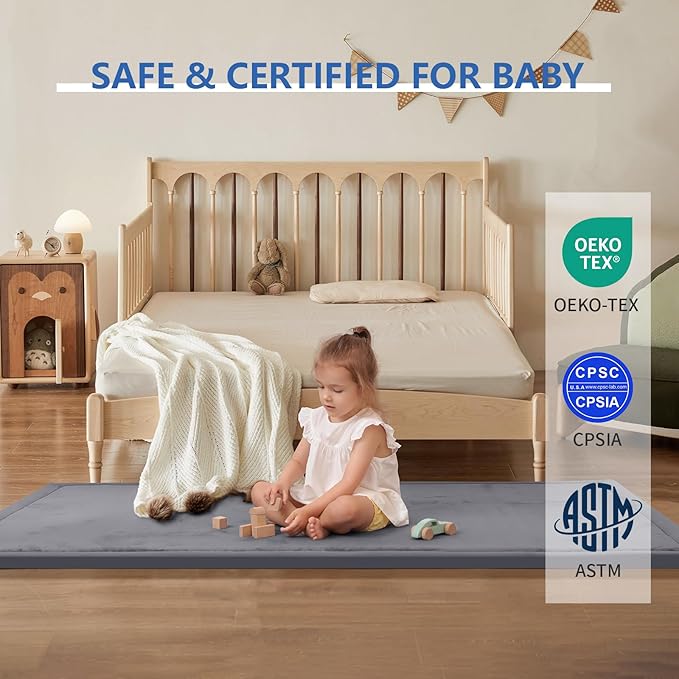 Huloo Sleep Play Mat for Babies Toddlers,1.3" Thick Elasti-Foam Anti-Fall Cushion Mat for Kids Room,28×72 Bedroom Bedside Rugs,Water-Repellent Soft Coral Velvet,Non-Slip(Dark Grey)