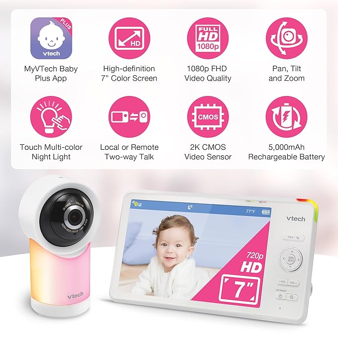 VTech Smart WiFi 7” HD Display Video Baby Monitor, 1080p HD Camera via App, Pan-Tilt-Zoom, Night Light, 2-Way Talk, 2K CMOS Video Sensor, Wide-Angle Viewing, Rechargeable Battery, Free App: RM7866HD