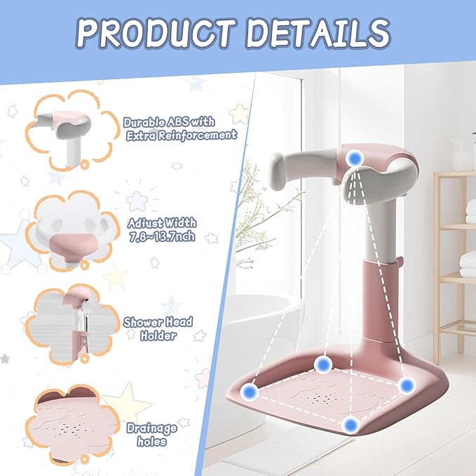 Baby Shower Stand, Toddler Bath Standing Support with Anti-Slip Base and Shower Holder, Adjustable Height, Soporte para Bañera de Bebé, Ideal Gift for Infants 6-36 Months-Pink