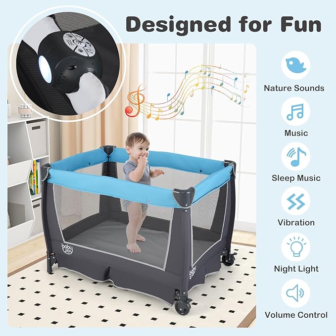 BABY JOY 5 in 1 Pack and Play, Portable Nursery Center Baby Playard w/Bassinet & Diaper Changing Table, Infant Bassinet Activity Center with Toys, Music, Oxford Bag for Toddlers (Royal Blue, Classic)