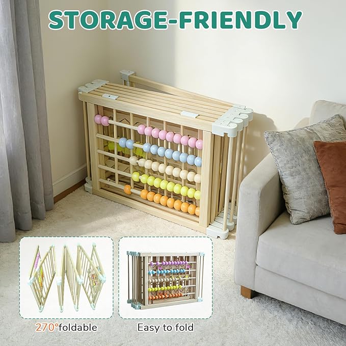 OMZER 67x67 Inch Wooden Baby Playpen - Foldable Baby Gate Playpen for Babies and Toddlers - Indoor & Outdoor Portable Play Fence Area Wood Enclosure - Adjustable Extra Large Play Yard Pen for Kids