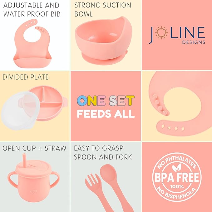 Joline Designs Silicone Baby Feeding Set - Perfect silicone plates for baby & Toddler Plates with lid, Baby Bowls with Suction, Baby Utensils - Baby Led Weaning Supplies & Eating Essentials - (Peach)
