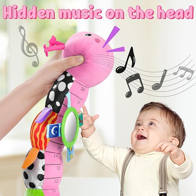LIGHTDESIRE Baby Toys Musical Caterpillar,Infant Toys Stuffed Animals with Ruler Design,Mirror,Pull String&Ring Bell,Baby Teething Toys for Tummy Time Toy Newborn Gifts 3 6 12 Months(Pink,Leafy Limb)