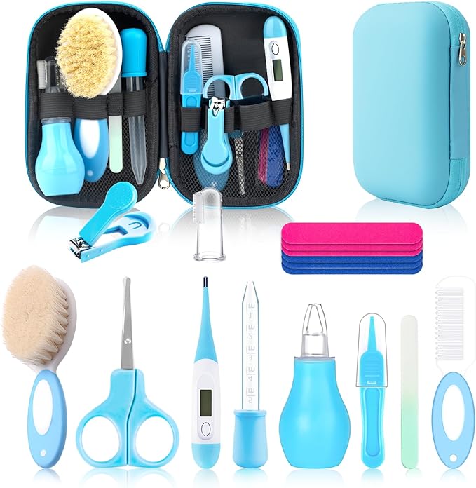 Baby Healthcare and Grooming Kit, Baby Safety Set Newborn Nursery Health Care Set with Hair Brush Scale Measuring Spoon Nail Clippers (17PCS Blue)
