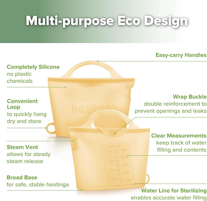 Haakaa On-The-Go Silicone Microwave Steam Sterilizer Bags for Travel, 40oz/1250ml Reusable Silicone Steaming Bags for Baby Bottles, Breast Pump, Accessories, Pacifiers, Teethers, Pineapple/2PCS