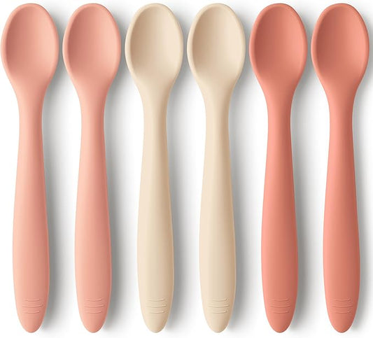 KeaBabies Silicone Baby Spoons, Self Feeding 6-12 months - 6-Pack Baby Weaning Eating Utensils, Toddler First Food Training Spoon, Infant, Kids Feeding Supplies Essential Set,Dishwasher-safe (Roseate)