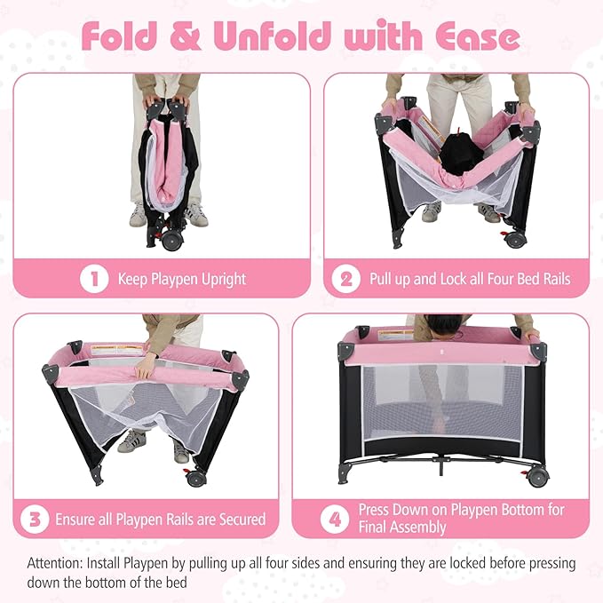 HONEY JOY Pack and Play, 4 in 1 Folding Infant Playpen with Bassinet, Quickly Assembled, Breathable Mesh Fabric, Carry Bag, Diaper Changing Table, Toys, Portable Crib for Babies & Toddlers (Pink)
