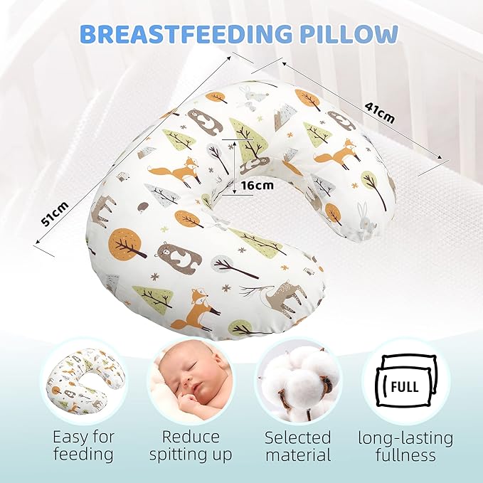 LAT Nursing Pillow for Breastfeeding,100% Cotton Removable Cover,Ergonomic Breast Feeding Pillows for Mom and Baby,Machine Washable(Fox Rabbit & Bear)