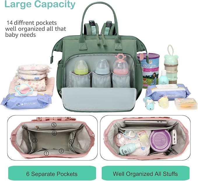 Large Diaper Bag Tote, 14 Pockets Stylish Baby Bag with Stroller Clips and 3 Insulated Pockets, Baby Shower Essentials