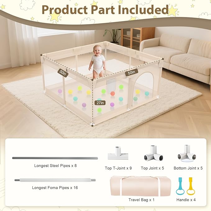 Playpen for Babies and Toddlers 50x50 inch - Baby Gate Playyard with Soft Breathable Mesh Cover - Indoor and Outdoor Baby Play Pen - Portable Playpen for Babies (Apricot)