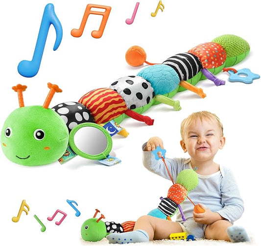 HEMRLY Baby Sensory Toy 0-6 Months, Musical Stuffed Caterpillar Plush with Teether, Crinkle, Rattle, Baby Mirror for Tummy Time, Infant Car Seat Toy for 0-3-6-12 Month Boys Girls Gifts - Knotted Green