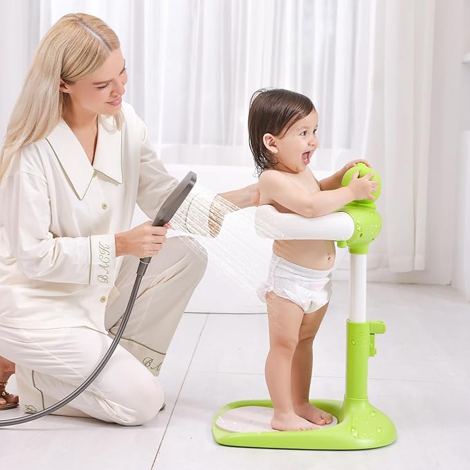 Baby Shower Stand, Toddler Bath Standing Support with Anti-Slip Base and Shower Holder, Adjustable Height, Soporte para Bañera de Bebé, Ideal Gift for Infants 6-36 Months-Green (Upgraded-Frog)