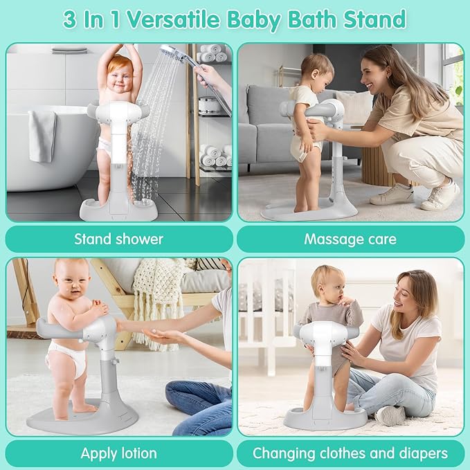 One Piece No Assembly/Installation Baby Shower Stand with Anti-Slip Base and Shower Holder, Foldable Baby Bath Standing Support for Boy/Girl, Adjustable Toddler Stand Up Bath for 6-36 Months, Gray