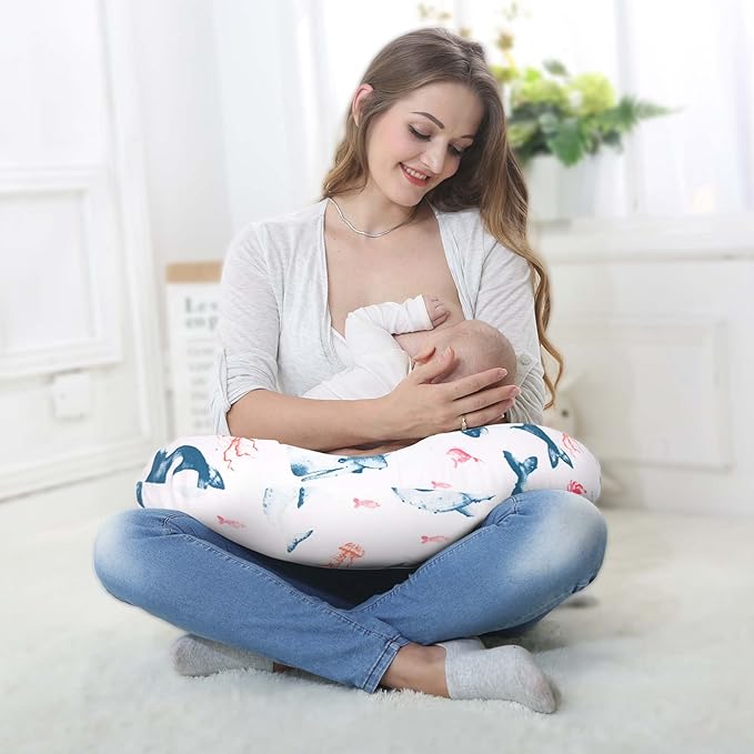 LAT Nursing Pillow for Breastfeeding,100% Cotton Removable Cover,Ergonomic Breast Feeding Pillows for Mom and Baby,Machine Washable (Ocean World)