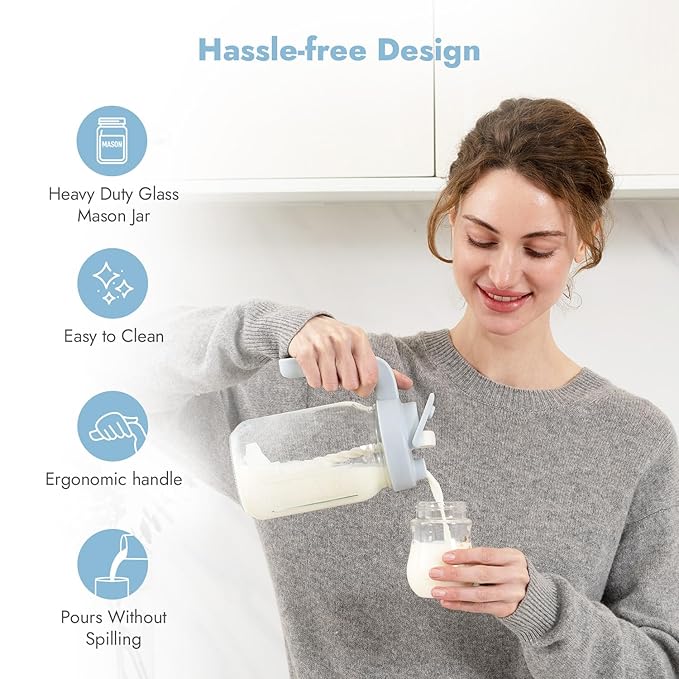 Papablic Glass Breastmilk Pitcher, Fast Baby Formula Maker with Mixing Handle Lid, Wide Mouth Mason Jar Breast Milk Storage Container with Flip-Lock Spout, BPA-Free, Blue
