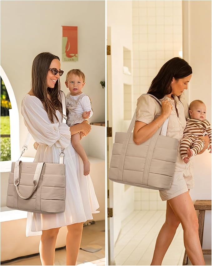 LOVEVOOK Diaper Bag Tote, 15.6inch Puffer Baby Diaper Bag Waterproof Travel Diaper Tote with Changing Pad Pacifier Case