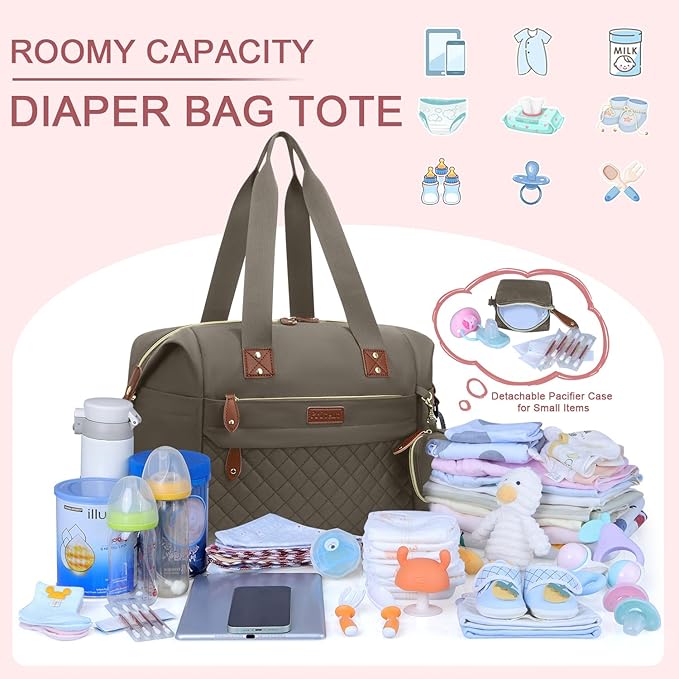 Diaper Bag Tote, Diaper Baby Bags with Pacifier Case, Shoulder Straps, Stroller Clips, Waterproof Large Mommy Bag Maternity Bag Travel Baby Bag for Mom and Dad, khaki