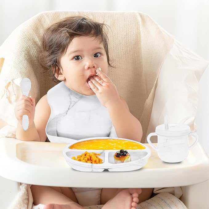 Dormlony 9pc BPA Free Silicone Baby Feeding Set - White: Suction Bowl, Divided Plate, Sippy Cup, Bib, Spoons, Forks - Baby Eating Utensils