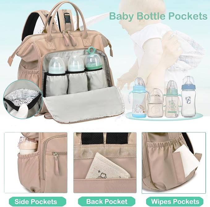 Large Diaper Bag Tote, 14 Pockets Stylish Baby Bag with Stroller Clips and 3 Insulated Pockets, Baby Shower Essentials