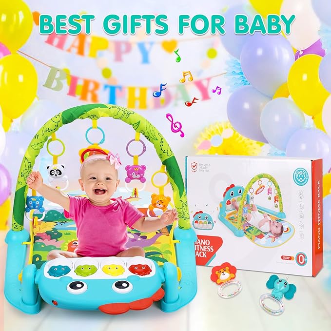 UMIKU Baby Gym Play Mats Baby Tummy Time Mat Musical Activity Center for Newborn Infant Piano Babies Play Mat Music & Light Newborn Infant Gifts for Babies 0-3 6 9 12 Months Dinosaur Style