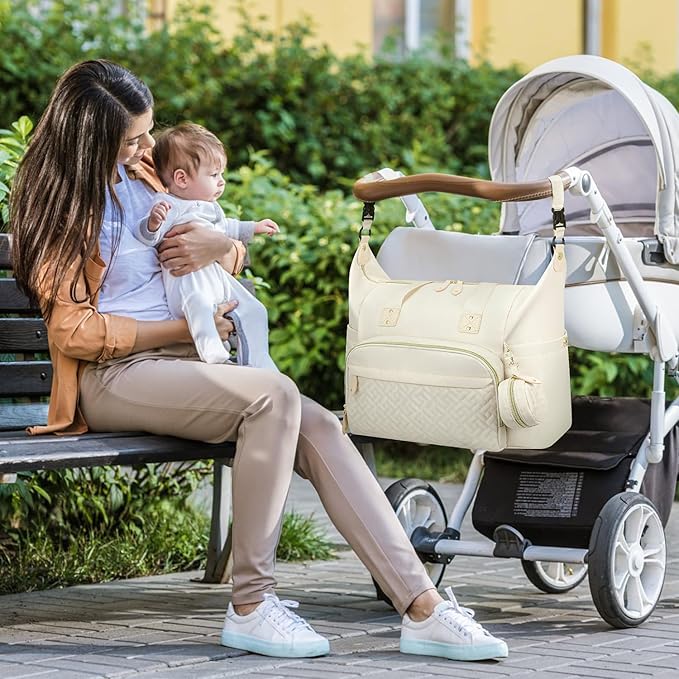 Diaper Bag Tote with Pacifier Case, Baby Bag for Women with Shoulder Straps, Travel Diaper Tote for for Mom and Dad Beige