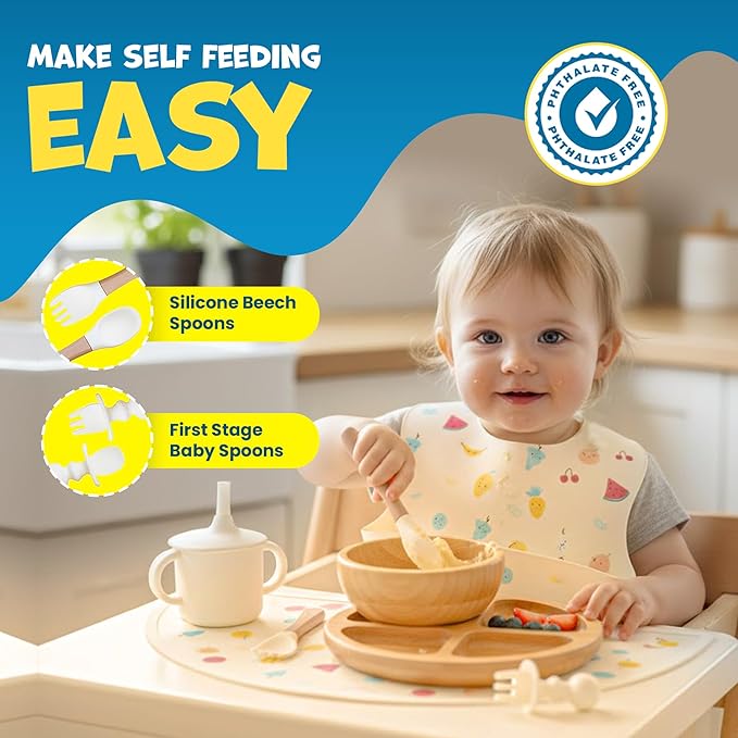 Bamboo & Silicone Baby Feeding Set 8 PCS | Baby Led Weaning Supplies Self Feeding | Divided Suction Plate Bowl Bib Sippy Cup with Straw Utensils Baby Bowls and Spoons Toddler Feeding Set (Vanilla)