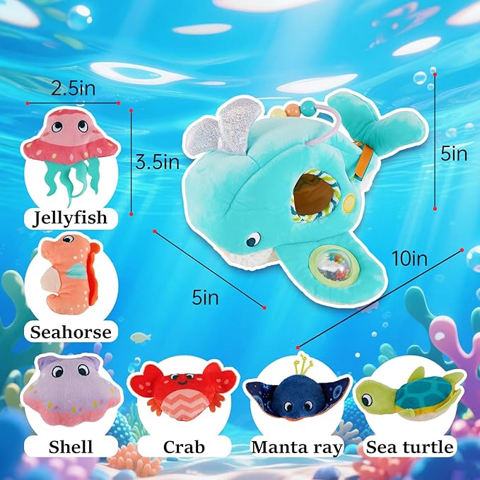 Juivin Soft Rattle Montessori Baby Toys 6-12 Months, Soft Barn Ocean Playhouse with 6 Stuffed Animals, Sensory Development Activity, Toddler Learning Toys (Ocean Whale)