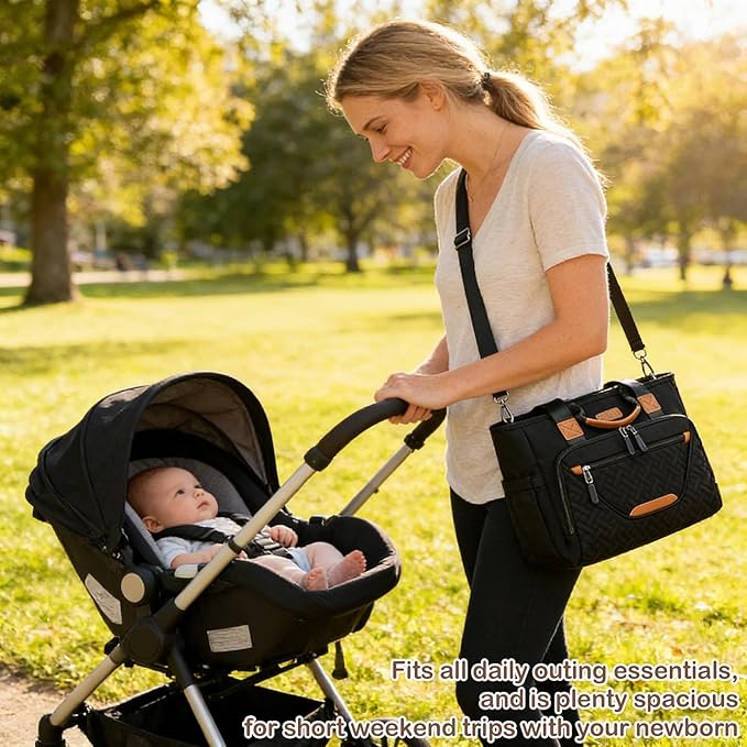 Diaper Tote Bag, 4 in 1 Tote Diaper Bag with 16" Laptop Compartment, Baby Bag with 3 Insulated Pocket for Mam and Dad, Ideal for Travel, Work (Black) | Gift for New Moms, Machine Washable