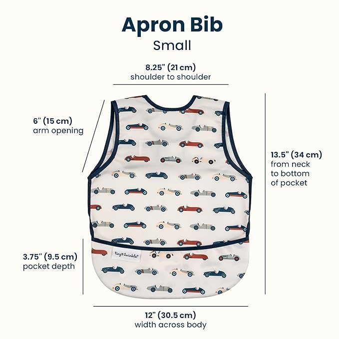 Tiny Twinkle Mess Proof Baby Bib for Girls | Waterproof Toddler Bib for Eating | Baby Apron for Feeding | Machine Washable | Perfect Shower Gift (Vintage Cars, 6–24M)