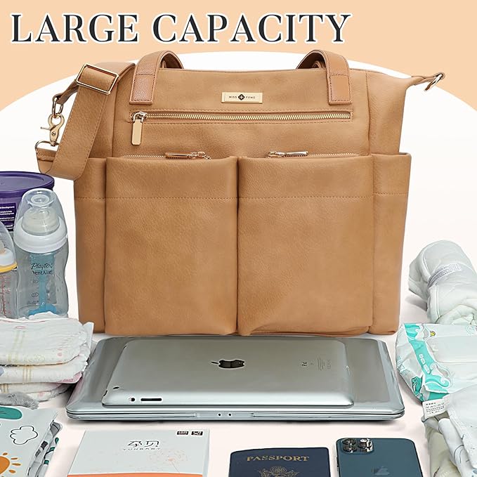 miss fong Diaper Bag Tote Baby Bag Leather Diaper Bag Backpack Large Diaper Tote Bag with 11 Pockets Pañaleras Para Bebe with Diaper Changing Pad, Stroller Straps,4 Insulated Pockets