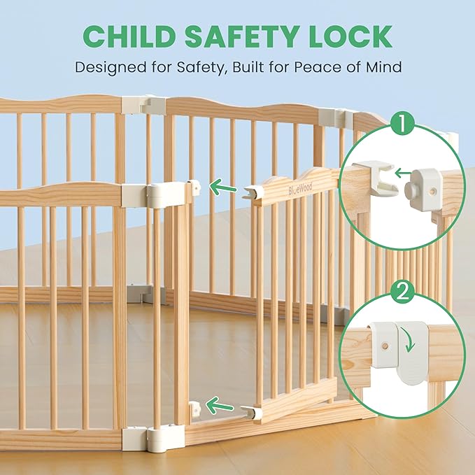 Foldable Wooden Playpen - Adjustable Wood Baby Play Yard with Door, Indoor Large Safety Fence for Babies and Toddlers - Easy Assembly, 10 Panels, Nature Nest