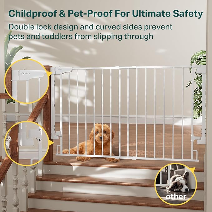 Cumbor Expandable 31.6-48" Baby Gate for Stairs, Wall-Mounted, 2-in-1 No Bottom Bar Dog Gate Indoor, Auto Close Pet Gate for Doorways with Large Walk Thru Door, Child-Proof Gate for Kids (White)