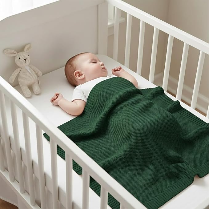 Grewear Baby Knit Blanket Soft Cotton Lightweight Newborn Blanket for Crib Stroller Toddler Nursery Shower Gift Cozy Breathable Travel Swaddle Wrap Green 30 x 30 Inches