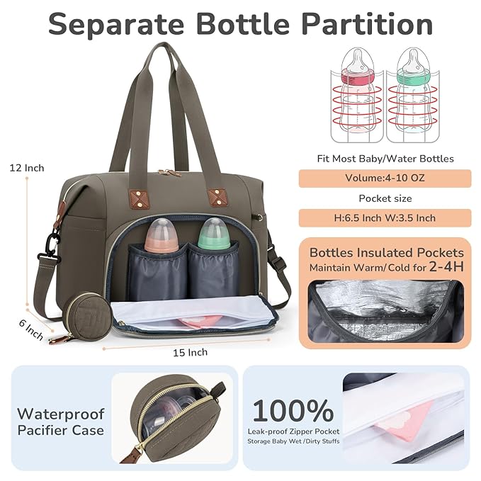 Diaper Bag Tote with Pacifier Case, Baby Bag for Women with Shoulder Straps, Travel Diaper Tote for for Mom and Dad Medium Size, Khaki