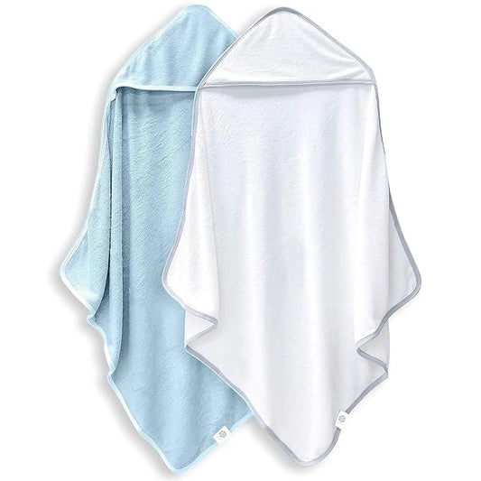 2 Pack Baby Bath Towel - Rayon Made from Bamboo, Ultra Soft Hooded Towels for Babies,Toddler,Infant - Newborn Essential -Perfect Baby Registry Gifts for Boy Girl - Blue and White