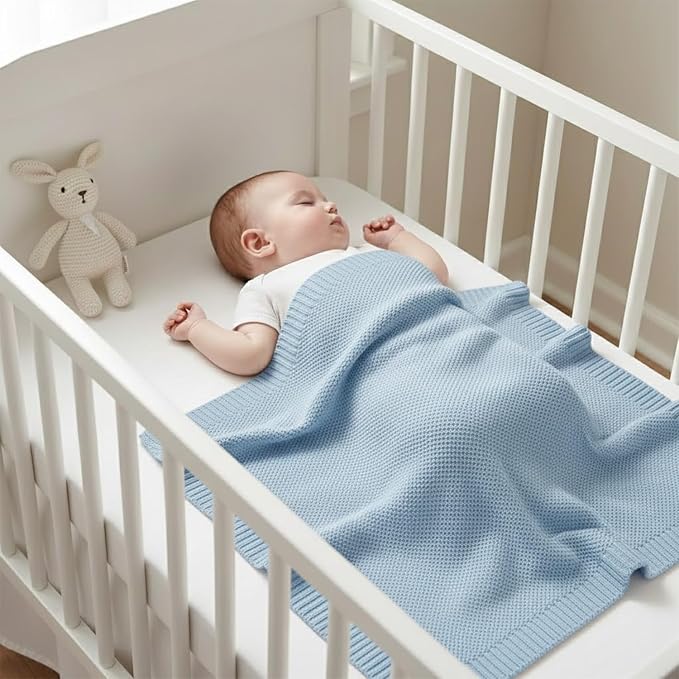 Grewear Baby Knit Blanket Soft Cotton Lightweight Newborn Blanket for Crib Stroller Toddler Nursery Shower Gift Cozy Breathable Travel Swaddle Wrap Baby Blue 30 x 30 Inches
