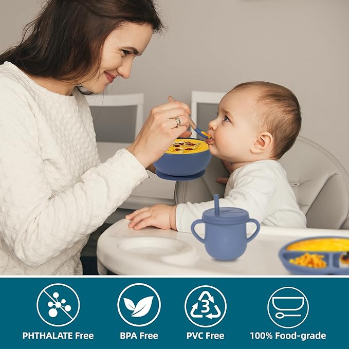Dormlony 100% Silicone Baby Feeding Set, BPA Free Baby Dishes with Suction Bowl, Divided Plate, Toddler Self Feeding Dish Set with Spoons, Forks, Sippy Cup and Bib, Baby Eating Utensils (Navy Blue)