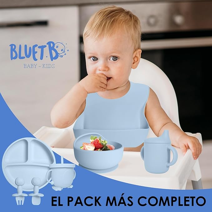 Bluet B- Silicone Baby Feeding Set with Pacifier - Baby Led Weaning Supplies - Baby Spoons, Suction Bowl - Plate - Baby Utensils Set - Silicone Feeding Set for Baby First Foods -11pcs - Light Blue
