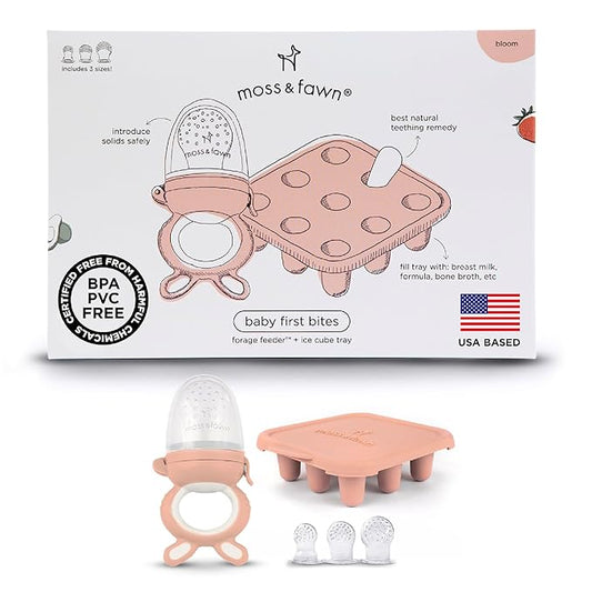 Moss and Fawn Baby's First Bites Bundle - Silicone Frozen Breast Milk Popsicle Kit with Forage Feeder & Teething Popsicle Ice Cube Tray - BPA, PVC, & Lead-Free - Bloom