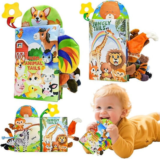 Kimicare 2 PCS Baby Books 0-6 Months, Crinkle Books for Babies, Jungle Tails Soft Cloth Book for Babies 6-12 Months, Infant Farms Sensory Book, Tummy Time Toys, Birthday Gifts Christmas