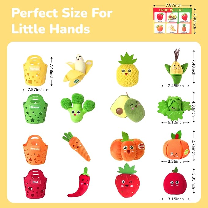 Baby Sensory Toys - Plush Color Sorting Fruit Veggie Baby Toys 6-12 Months, Pretend Play Food with Rattle Crinkle for Toddlers 1-3, Birthday Valentines Day Easter Gift for 1 Year Old Boys Girls