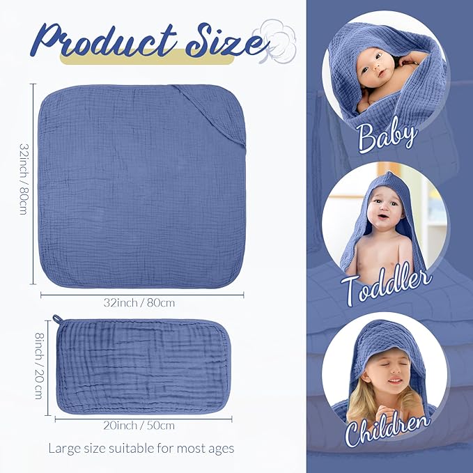 VitalCozy 8 Pcs Baby Muslin Hooded Bath Towels and Washcloths, 32 x 32 Inch Muslin Cotton Hooded Baby Towels Absorbent Blankets for Gift Newborn Infant Shower (Calming Color)