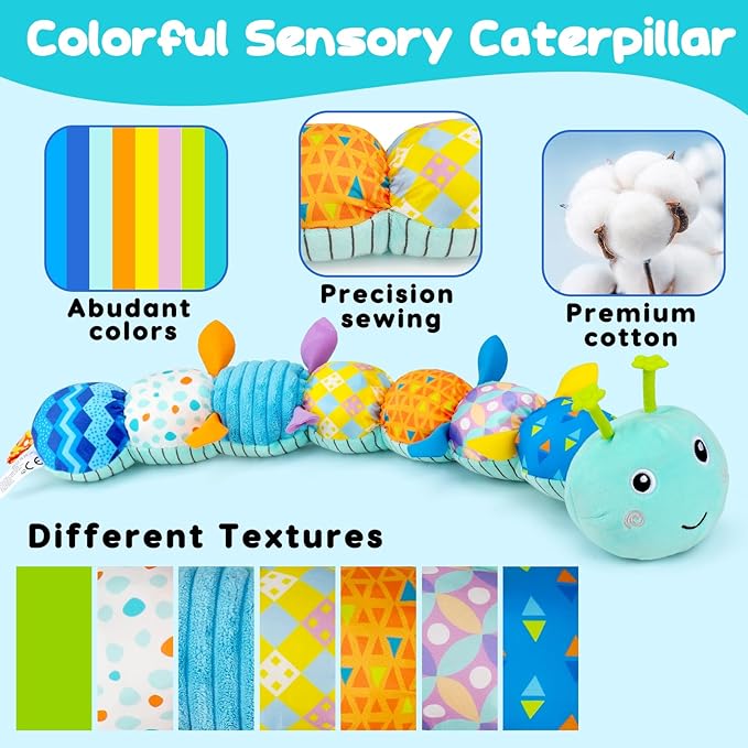 Topsochir Baby Tummy Time Toys 0-6 Month Musical Stuffed Animal Plush Caterpillar Toy for Infant 6-12 Month Teething Sensory Toy with Crinkle Rattle for Babies 0-3-6 Month Newborn Boy Girl