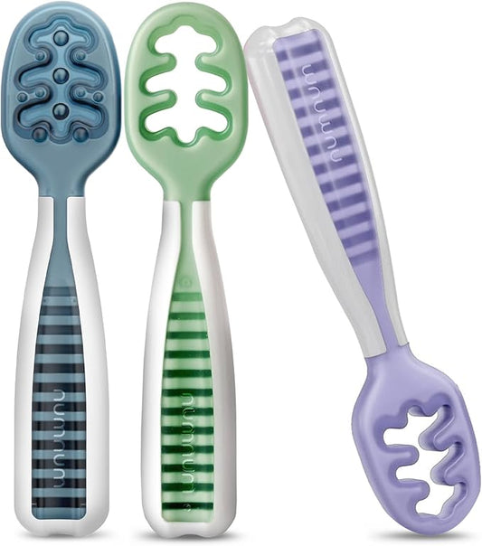NumNum Baby Spoons Set, Baby Essentials Pre-Spoon GOOtensils for 6+ Months, First Stage Self-Feeding Spoons for Baby Led Weaning (BLW), Silicone Toddler Utensils, BPA-Free, 3 Pack Nature Friends