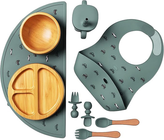 Bamboo & Silicone Baby Feeding Set 8 PCS | Baby Led Weaning Supplies Self Feeding | Divided Suction Plate Bowl Bib Sippy Cup with Straw Utensils Baby Bowls and Spoons Toddler Feeding Set (Pine Gray)