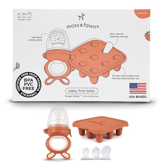 Moss and Fawn Baby's First Bites Bundle - Silicone Frozen Breast Milk Popsicle Kit with Forage Feeder & Teething Popsicle Ice Cube Tray - BPA, PVC, & Lead-Free - Terracotta